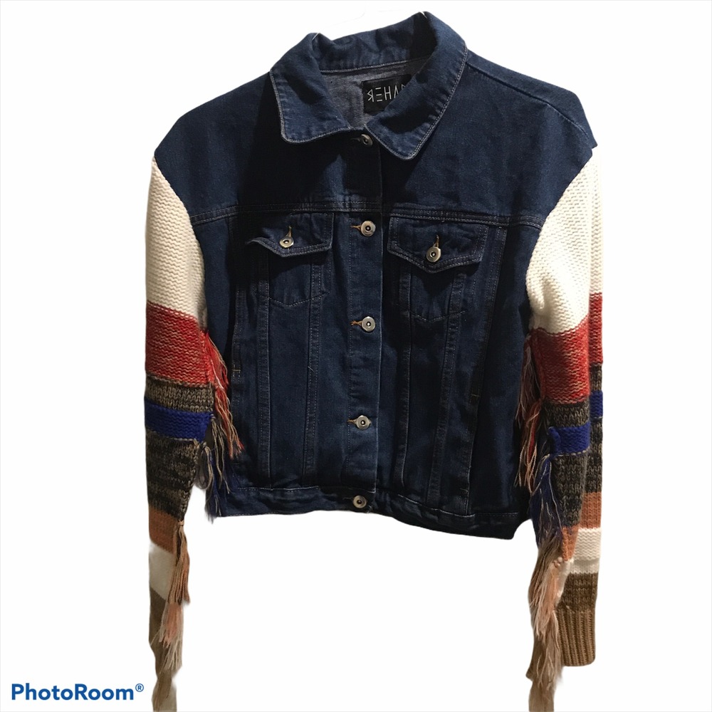 Rehab Womens Jean Jacket  Sweater Tasseled Fringed Arms Southwest Fall Sz Small